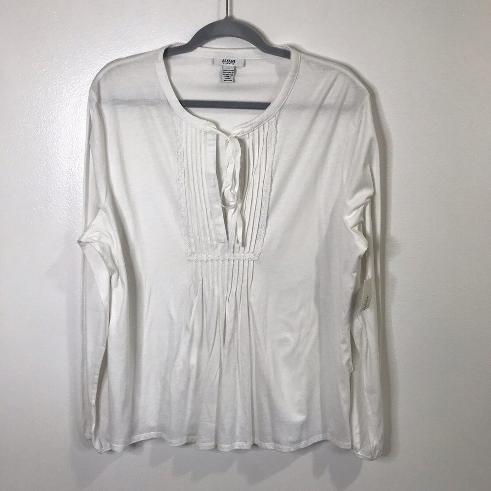 NWT Alfani White Pleated Blouse Size Large L *Stains* Shirt Long Sleeve